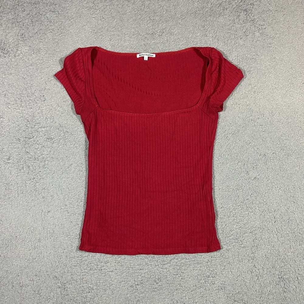 Reformation Jeans Red Ribbed Short Sleeve Top Women's Size Small #3720